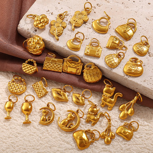 Golden Feline Couture Children's 18K PVD Gold Plated Stainless Steel <b>Charm</b> Pendants DIY Jewelry Making | Cat Handbag Flowers - Product Image 2