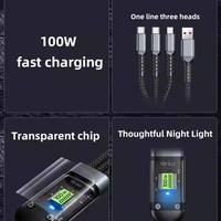 Kabel Pengisi Daya Ponsel Tipe C Lampu Malam Pengisian Cepat Multi Kabel Transparan 100W 1.2meter 3 in 1 Hitam Kabel Data