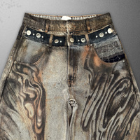 Jeans baggy sur mesure en denim épais avec logo personnalisé, impression airbrush, patchs usés, couleur marron, longueur intégrale, plusieurs tailles