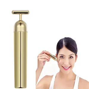 China Customized 24k golden plated t shape face lifting face and neck massager waterproof 7 vibration modes tool care skin
