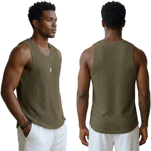 Débardeur en tricot gaufré vert olive pour homme, col rond, couleur unie, respirant, décontracté, sans manches, pour l'été - Product Image 4