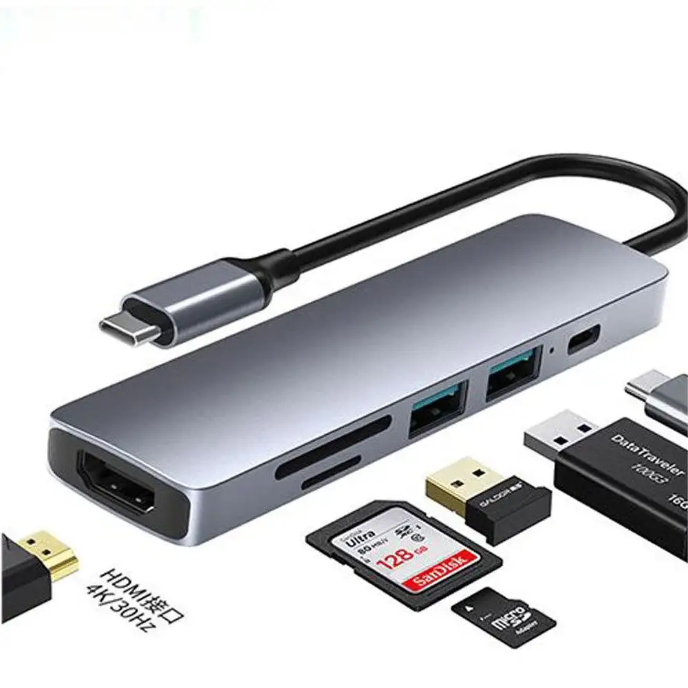 Type-C To HDTV USB3.0 HUB แท่นต่อขยาย,อะแดปเตอร์ตัวแยกสัญญาณ SD/TF 6in1 HD 4K สำหรับแท่นวางแล็ปท็อป