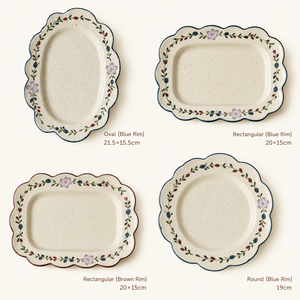 Ensemble d'assiettes à dessert en céramique vintage peintes à la main, forme carrée, ovale, irrégulière, bord bleu et marron, passe au micro-ondes, collection Lotus - Product Image 1