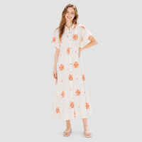 Robe chemise longue ample en lin brodé orange ethnique à imprimé floral, style bohème, boutonnée, à manches courtes, pour l'été