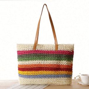 Bolso de Hombro de Mujer con Rayas Arcoíris, Bolso de Playa de Paja Tejida, Venta al Por Mayor - Product Image 6