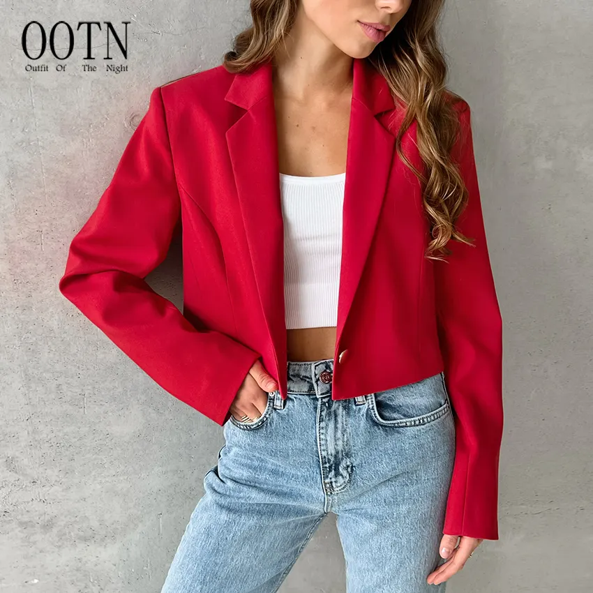 OOTN 2024, chaqueta de un solo pecho con cuello en V rojo, traje Formal de oficina negro para mujer, traje corto informal elegante de manga larga para mujer