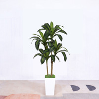 Plantes artificielles à marque privée, 120 cm, double tronc, feuilles larges vertes et jaunes rayées, pot noir, décoration intérieure réutilisable