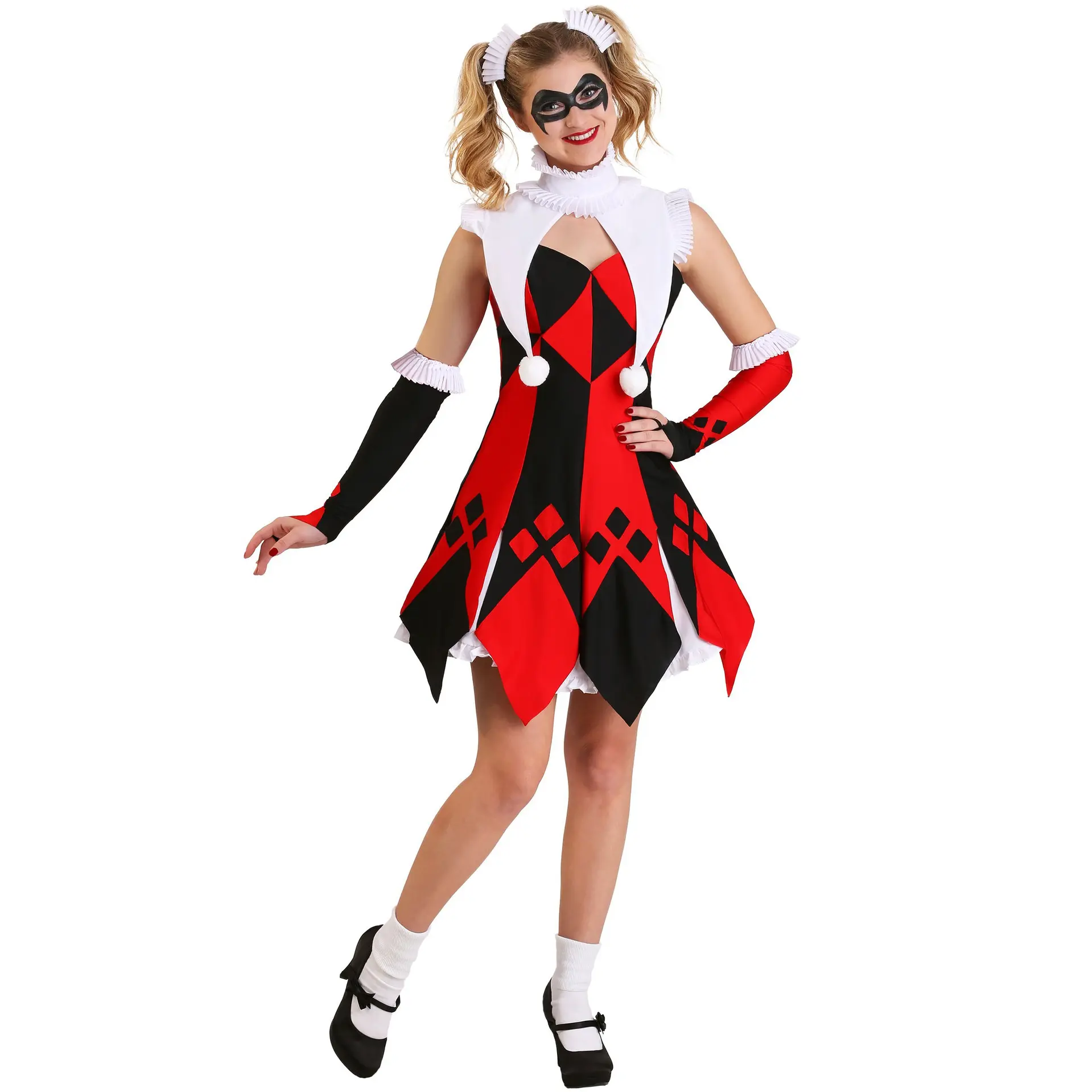 Traje de payaso a cuadros para mujer, uniforme de Halloween, de circo, rojo y blanco, M-XL