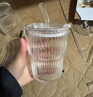 Vaso de Vidrio para Café de 450 ml con Diseño de Rayas Simples, con Tapa y Pajita, Tazas para Té de Burbujas, Taza para Desayuno