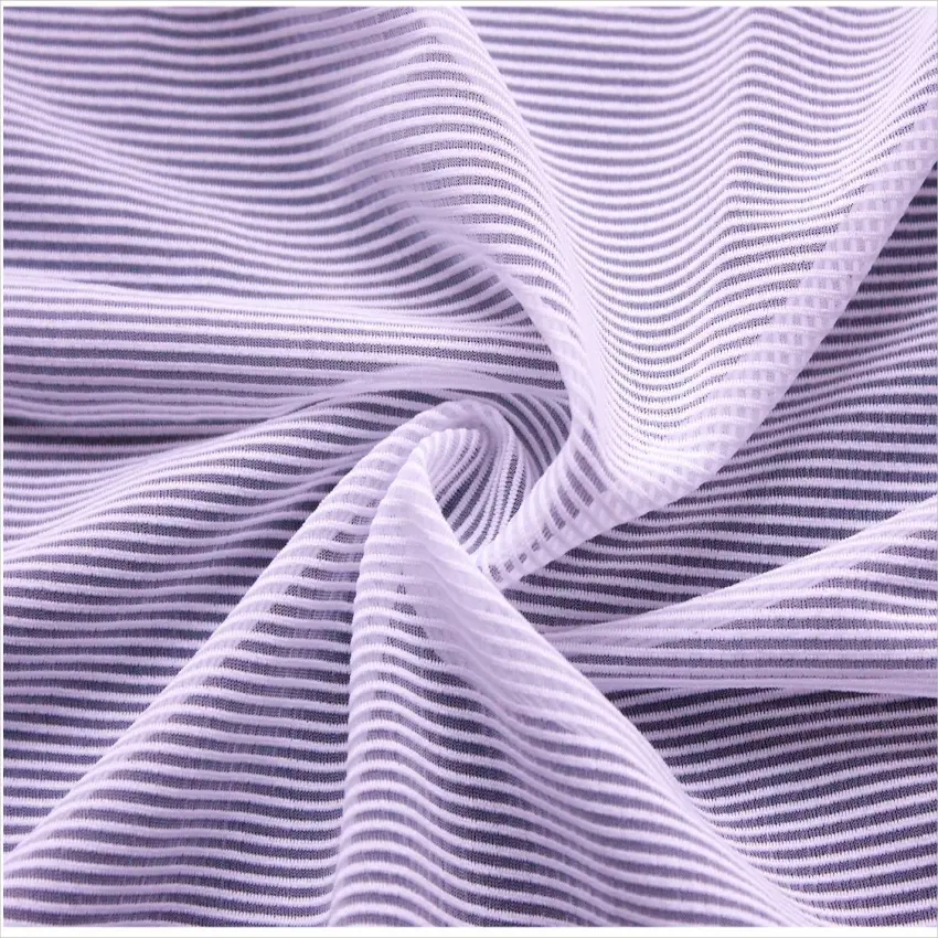 Yüksek kaliteli şerit spandex Polyester örgü interlok çizgili karışımı giysi kumaşı döşeme ev tekstili