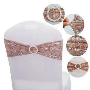 Hot sale hotel wedding banquet decoration sequin ribbon chair cover with spandex polyester or cotton