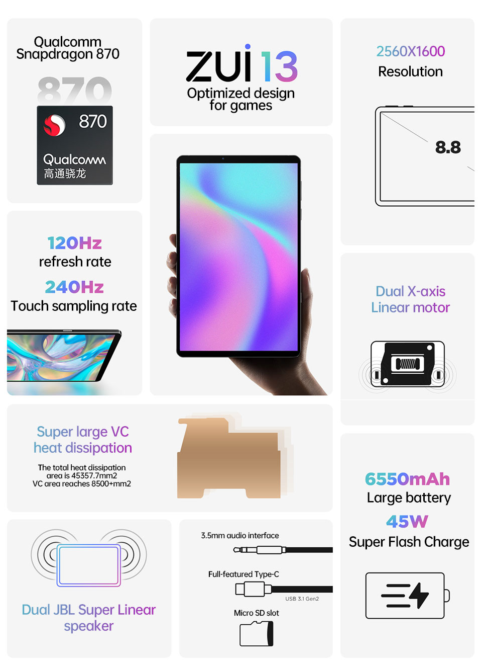 Lenovo Legion Y700 Gaming Pad tablet 8.8 Inch 120Hz 8+128G/12+256G Snapdragon 870 Octa Core 45W SuperCharge 6550mAh Android 11