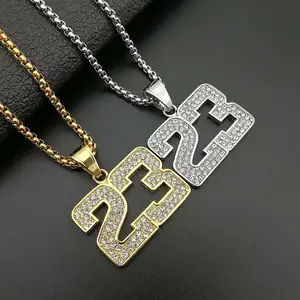 Hip Hop Jewelry Custom Sports Basketball James Number 23 Jersey Diamond Stainless Steel Pendant Necklace