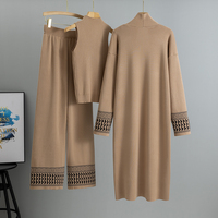 Ensemble trois pièces tricoté pour femme Printemps 2026 : Cardigan à manches longues + Gilet + Pantalon large