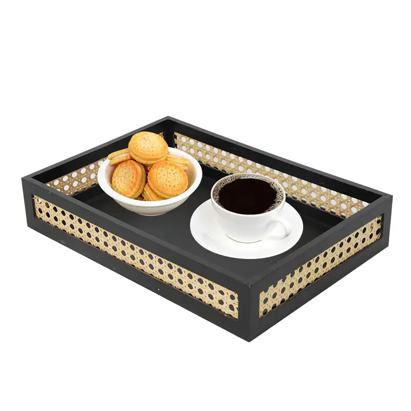 Siyah dekoratif tepsi için Ideal gıda depolama-Rattan sepet servis tepsisi siyah ahşap çerçeve depolama kahvaltı gıda