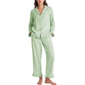 FOXA Womens Striped Pajama Set 2 Piece Cotton Button <b>Down</b> Top Straight Leg <b>Pants</b> With Pockets Sleepwear - Product Image 1