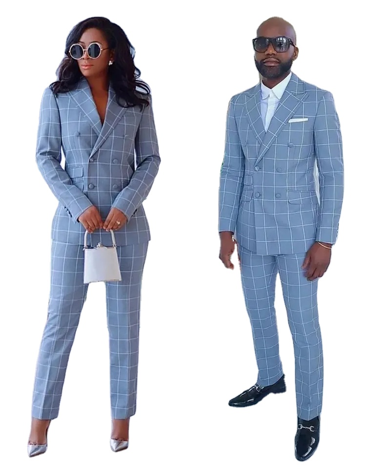 Plaid Double boutonnage Couple costume hommes à carreaux affaires décontracté femmes et hommes costume mince Blazer ensembles fête élégante robe 2 pièces