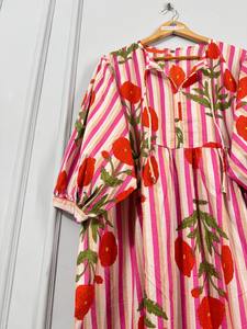 Robe d'été ethnique pour femme en coton écologique, rayée, à imprimé floral botanique, longueur genou, unie, faite à la main, coupe trapèze - Product Image 4