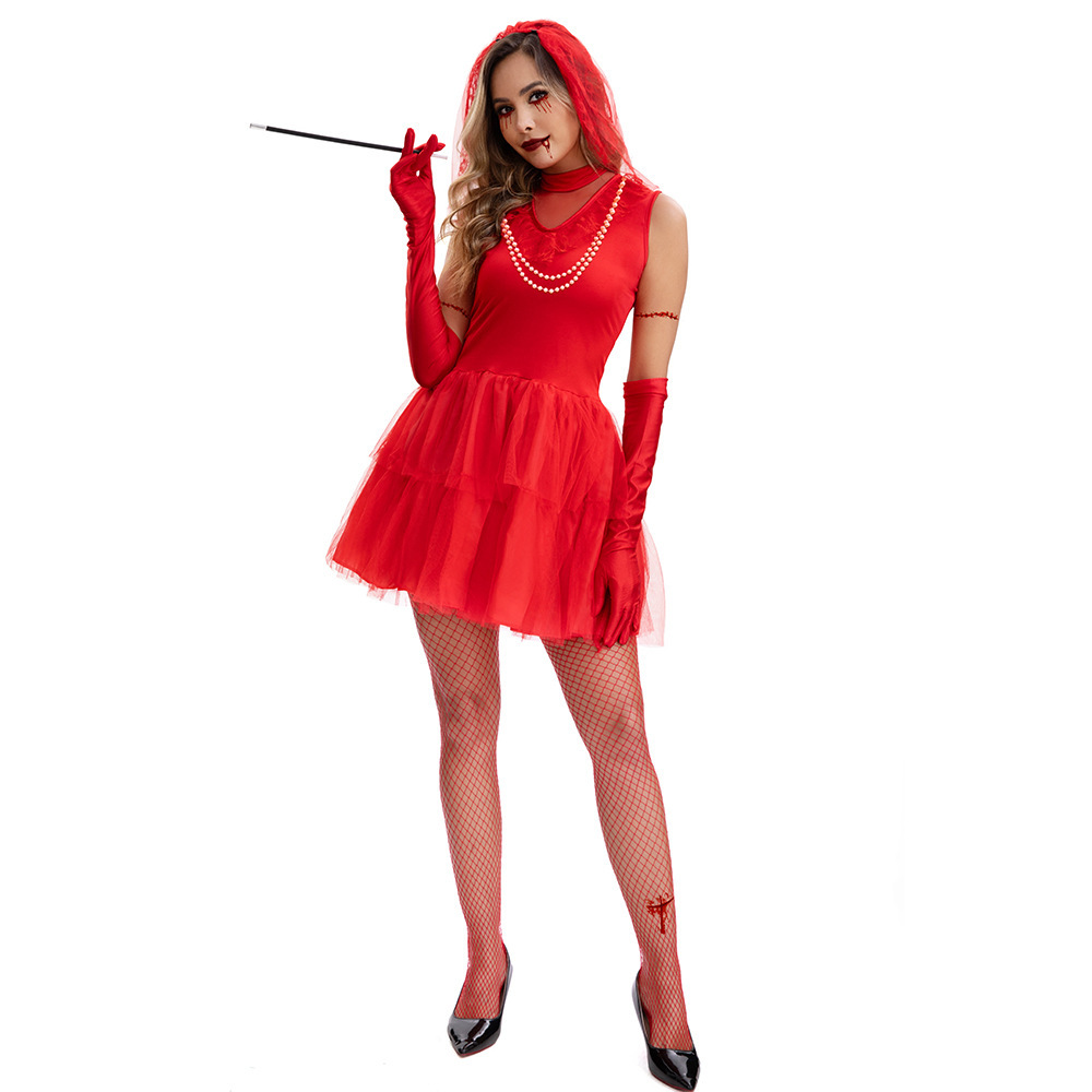 The complete outfit includes a dress, veil, gloves, fishnet stockings, a cigarette holder, and a necklace.