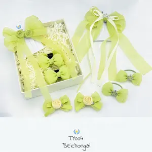 Bright Green Bow Diamond Crown Decorate Hair Accessories Little Girl Long Ribbon Butterfly Spring Hair Clips Hairpins