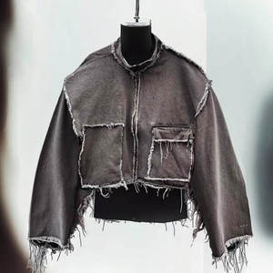 Chaqueta vaquera de manga acampanada con <span class=keywords><strong>flecos</strong></span> recortada de gran tamaño con bolsillo de carga lavado ácido Vintage envejecido personalizado de peso pesado - Product Image 4