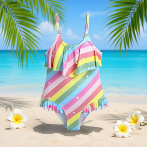 Traje de baño de una pieza con rayas arcoíris para niñas Buonic, con volantes, talla 4/6 6/8 8/10 10/12, traje de baño para niños, piscina, playa - Product Image 2