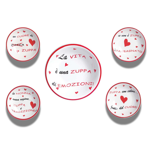 Set di quattro piatti da zuppa da 20 cm con scritta più ciotola per insalata da 27 cm con scritta - Product Image 1