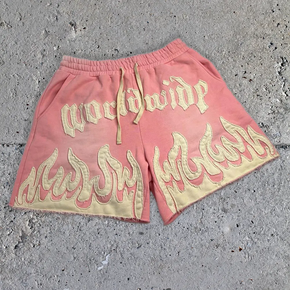 Individuelle Streetwear Vintage Sonnenfeder Baumwolle Shorts Herren beschädigt applikations-Patch-Brickerei mit Kordelzug Acid-Wash-Shorts für Herren