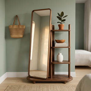 Miroir sur pied moderne en bois avec étagère, miroir de vanité pleine longueur, décoration décorative pour chambre et salle de bain - Product Image 1