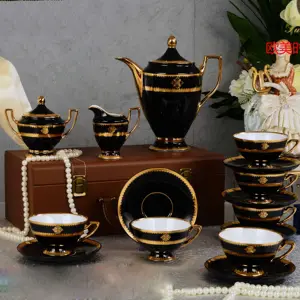 Set Teh Tulang Desain Eropa Mewah Cina Set Kopi Keramik Hitam dan Emas 17 Buah