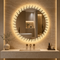 Miroir LED rond à motif laser, interrupteur tactile, 3 couleurs de lumière, design moderne, anti-buée, luminaire mural pour salle de bain, pour la décoration