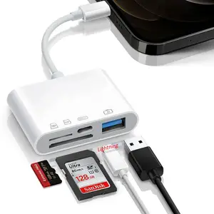 Konverter pengisian daya pembaca kartu USB 4 in 1, konverter pengisian daya adaptor kabel OTG kartu memori SD/TF ke Disk U/USB C UNTUK iPhone Xiaomi Samsung