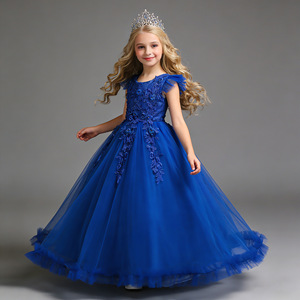 Robe de bal formelle pour filles, col rond, jupe longue en tulle, style princesse, bleu foncé, robe de demoiselle d'honneur pour enfants - Product Image 1