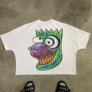 T-Shirt Unisex Personalizzata con Disegni Cartoon Punk, Collo a Costine, in Spugna Francese Pettinata, Stile Streetwear Rilassato - Product Image 4