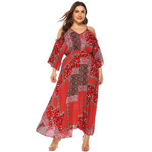 Maxi abito a tunica con maniche a sbuffo con spalle scoperte e maniche a sbuffo in cotone con stampa Vintage personalizzata Plus Size - Product Image 3