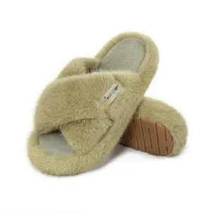 Womens Fuzzy Memory Foam Slippers Cross Band Cozy Plush Home Slippers Fluffy Furry Open Toe House Shoes Indoor Outdoor Slipper