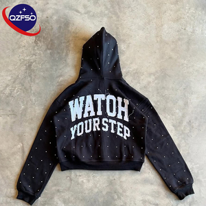 QZFSO Fabricant Noir 400 GSM Zipper Personnalisé Strass Logo Recadrée En Détresse Applique Broderie Fermeture Éclair Complète Sweat À Capuche Unisexe - Product Image 2