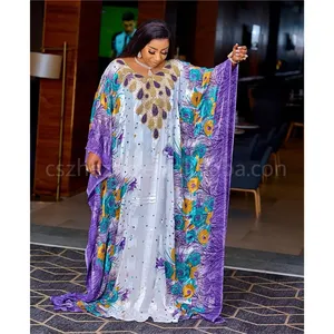 ZHEZHE 2024 vestidos musulmanes africanos para mujer, batas de gasa holgadas, bata estampada con mangas abullonadas musulmanas Boubou