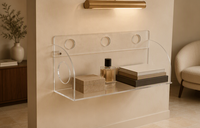 Étagère murale en acrylique transparent avec ouvertures circulaires et rebord inférieur pour salon, boutique et galerie
