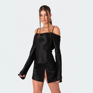 Casual Long Sleeved Backless Blouse Daily Comfortable Lace-up Off-the-shoulder Satin Thigh Slit Draped Open Back Top