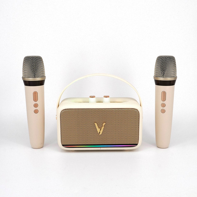 K-Song Portable Wireless Home Speaker Dual Microphone Audio Set RGB LED Lighting Easy Carry for Outdoor Karaoke USB Plastic