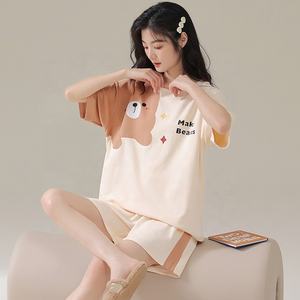 女性夏楽しい漫画パターン2ピースソフトコットンカジュアル半袖ラウンジウェアパジャマショーツPjナイトウェアパジャマセット - Product Image 1