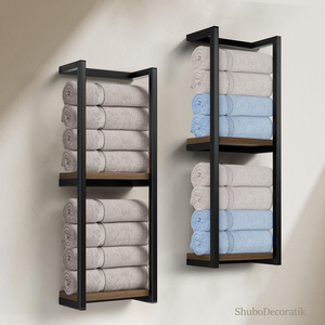 Custom Size Modern Matte Black <b>Wall</b>-<b>Mounted</b> Bathroom Organizer 2 Layer Towel Rack with Wooden <b>Shelf</b> - Product Image 5
