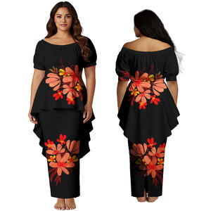 Gaun Gereja Elegan Wanita Motif Daun Monstera Custom Print, Gaun Panjang Model Swallow-Tail Hem untuk Wanita Samoa Polinesia, Set Aloha Puletasi - Product Image 6