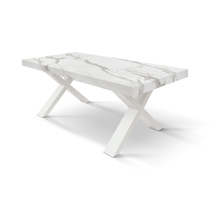 Table à manger effet marbre avec pieds croisés blancs, base en MDF, usage intérieur - Product Image 1