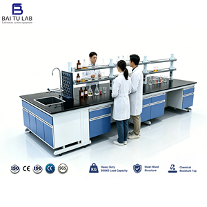 Table <span class=keywords><strong>de</strong></span> travail d'islande en acier et bois SEFA8 pour laboratoire, résistante aux produits chimiques, avec plateau en époxy pour laboratoires <span class=keywords><strong>de</strong></span> chimie et <span class=keywords><strong>de</strong></span> physique - Product Image 1