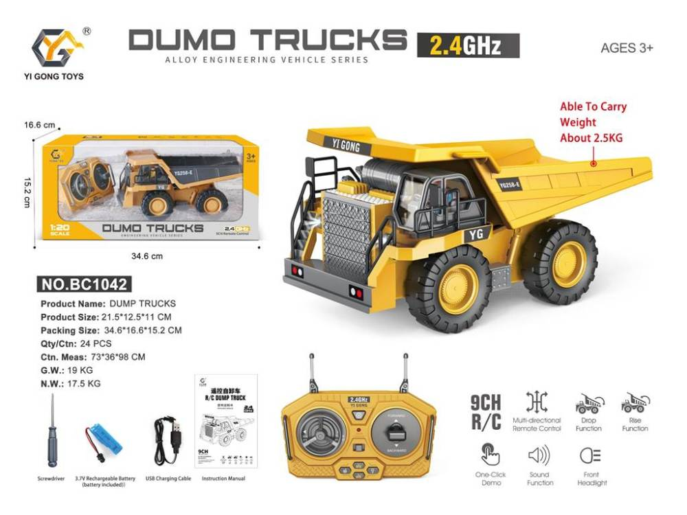1:24 Camión volquete RC de plástico de 9 canales BC1042