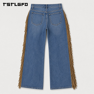 Pantalones vaqueros de mezclilla de pierna ancha con flecos estilo desierto, lavado vintage, pesados, con borlas laterales estilo western, para venta al por mayor - Product Image 5