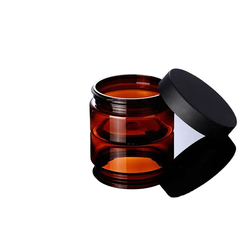 Pot en plastique ambre avec couvercle noir mat, 30/50/100/150/200/250/300/350/400/450/500/600/700/800/1000g, pâte