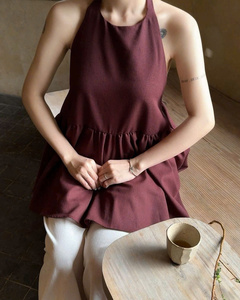 Conjunto de Pantalones y Top Halter con Peplum, Manga Larga, Dos Piezas, Mezcla de Algodón Sólido, Tejido, Corte Regular, Transpirable, Fácil de Usar - Product Image 2